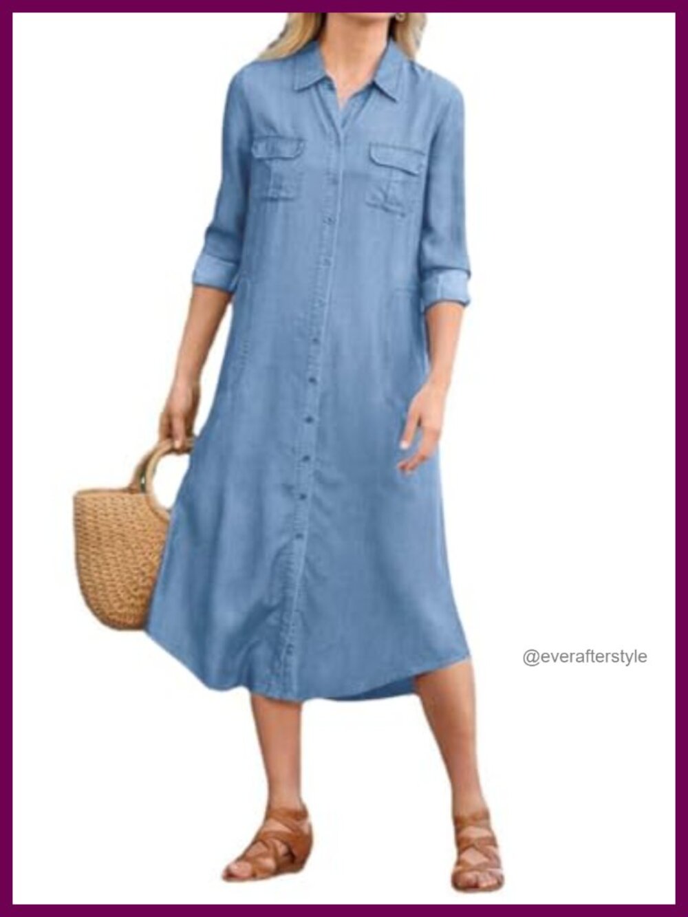 Women's Summer Midi Denim Shirt Dress Loose Fit Button Down Tunic Jean Dress
